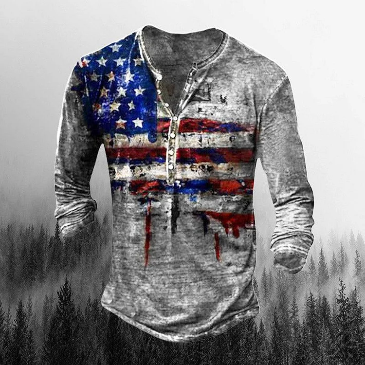 Men's Vintage Freedom Flag Print Comfortable Long Sleeve Henley Shirt