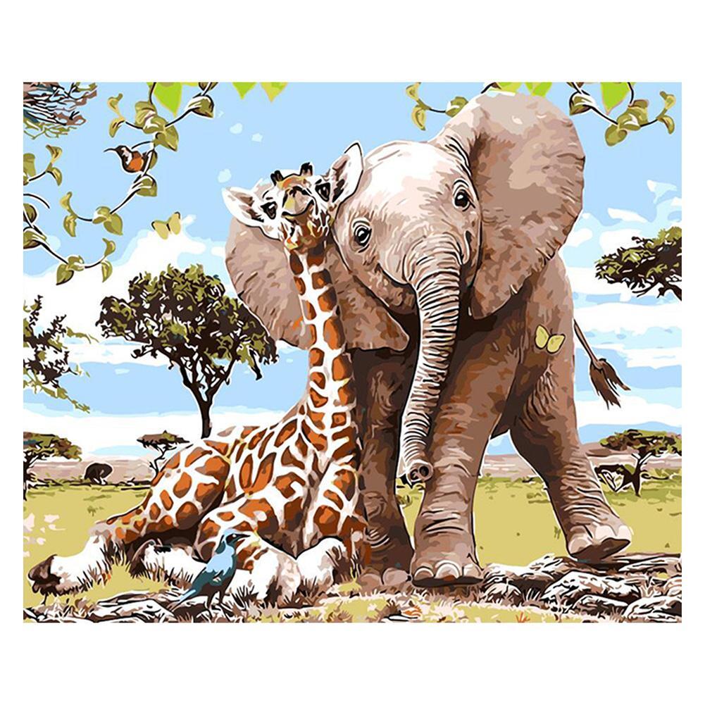 

30x35cm Round Drill Diamond Painting - Giraffe Elephant, 501 Original