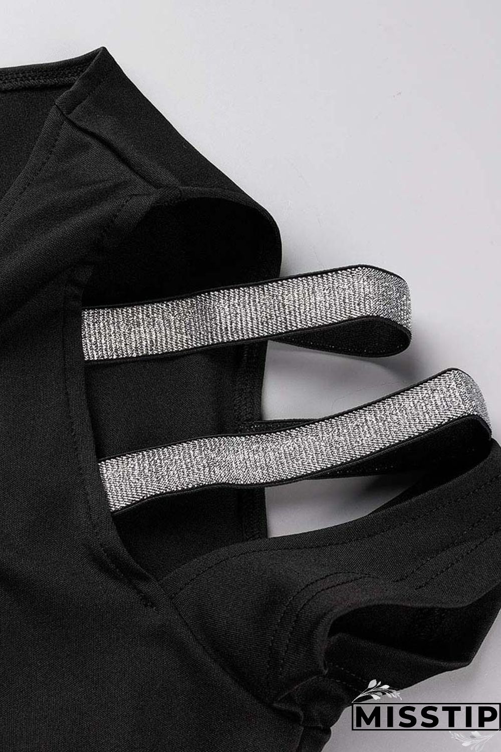 Black Casual Solid Hollowed Out Patchwork V Neck Short Sleeve Dress