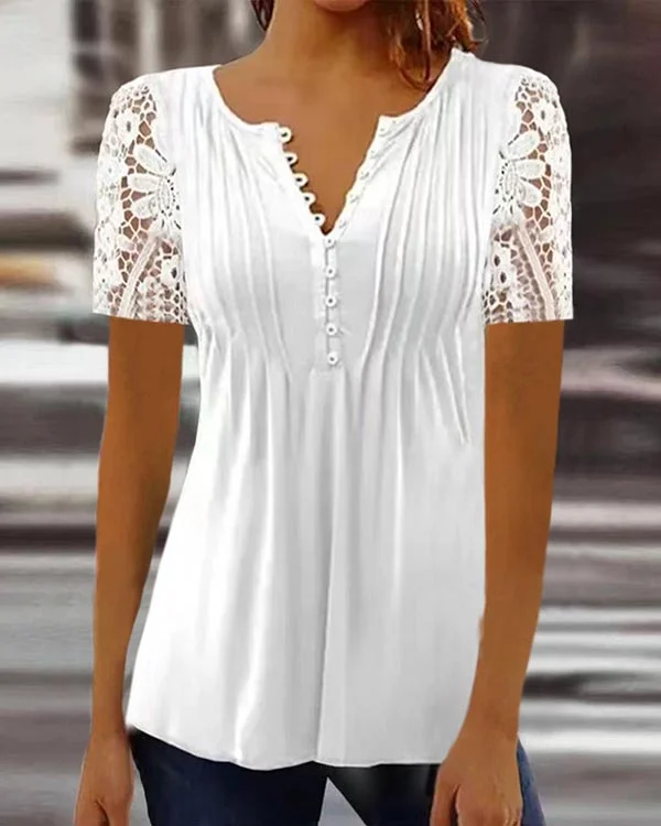 Lace Solid Color Button Short Sleeve Top