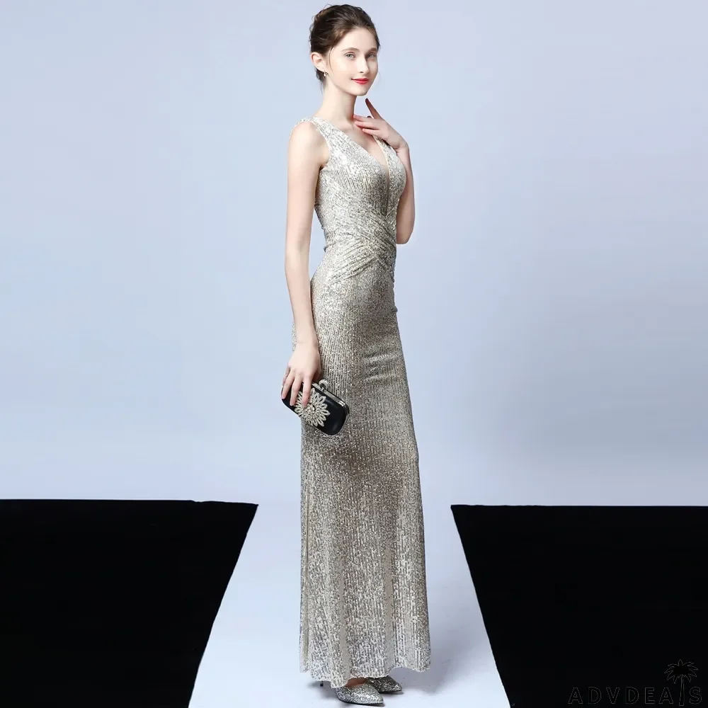 Sequins V-Neck Sleeveless Mermaid Evening Dress