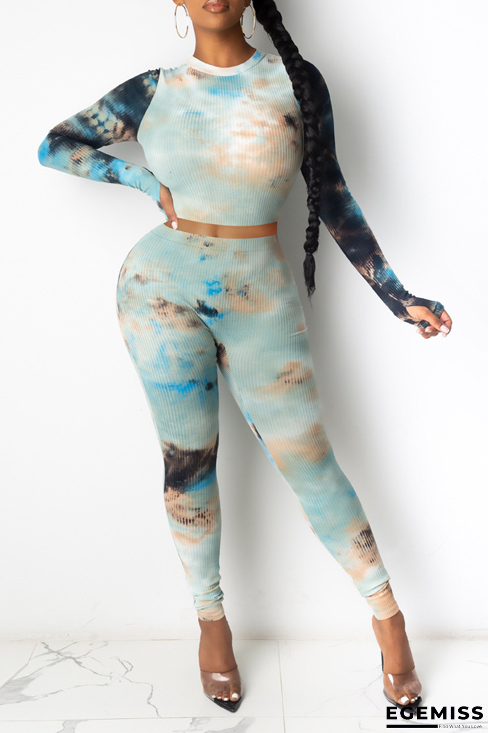 Blue Sexy Patchwork Tie-dye O Neck Long Sleeve Two Pieces | EGEMISS