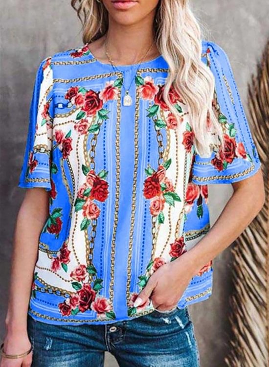Casual Round Neck Floral Print T-shirt
