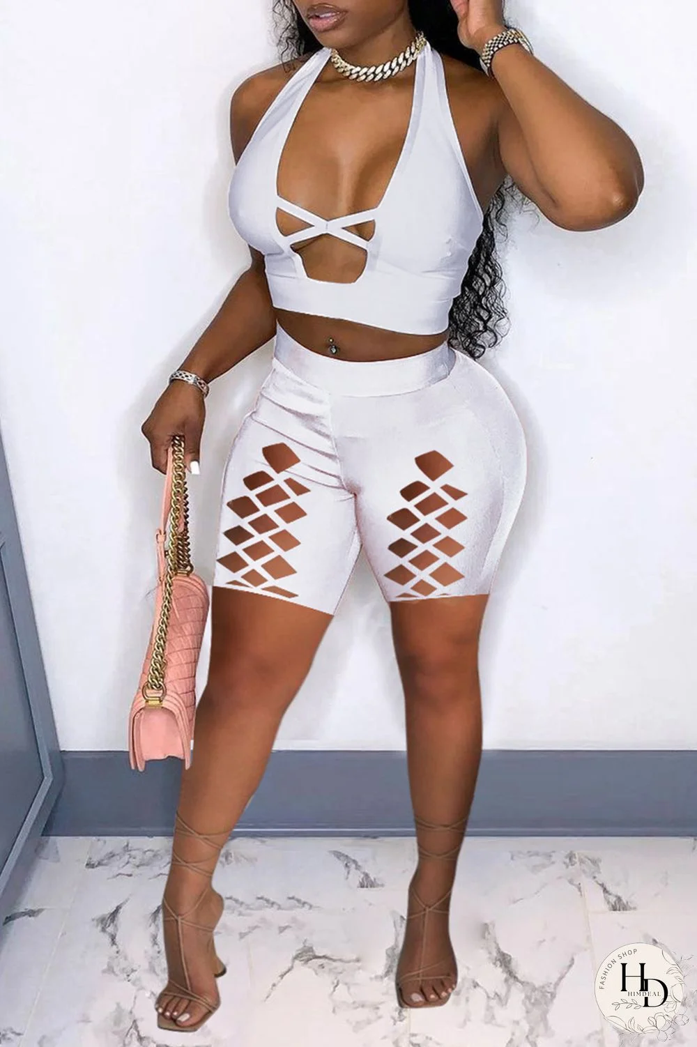 Orange Fashion Sexy Solid Hollowed Out Backless Halter Skinny Two-piece Set