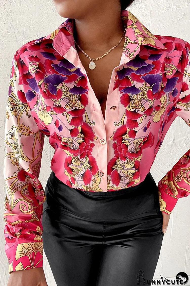 Pink Casual Print Patchwork Turndown Collar Tops