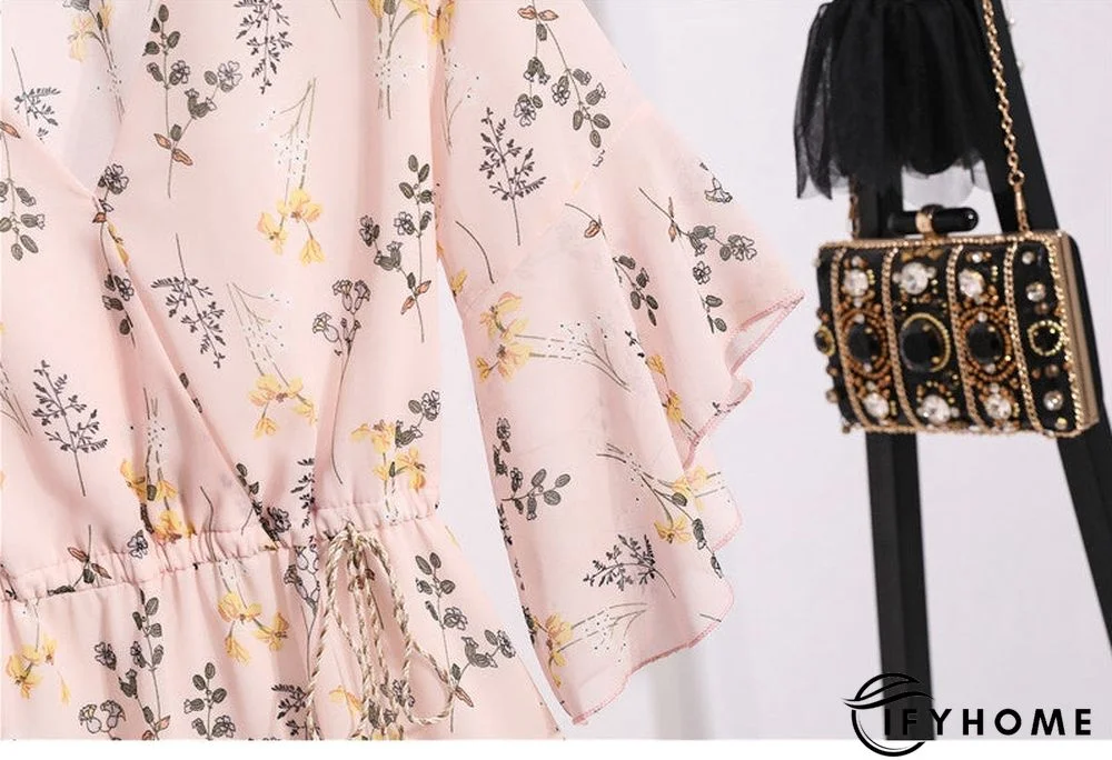 Spring Summer Chiffon Women V-Neck Floral Print Short Dresses Sweet Ruffle Sleeeve Slim Drawstring Ladies Dress | IFYHOME