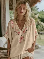 Women's Vintage Floral Art Linen Short Sleeve T-shirt - Image 4