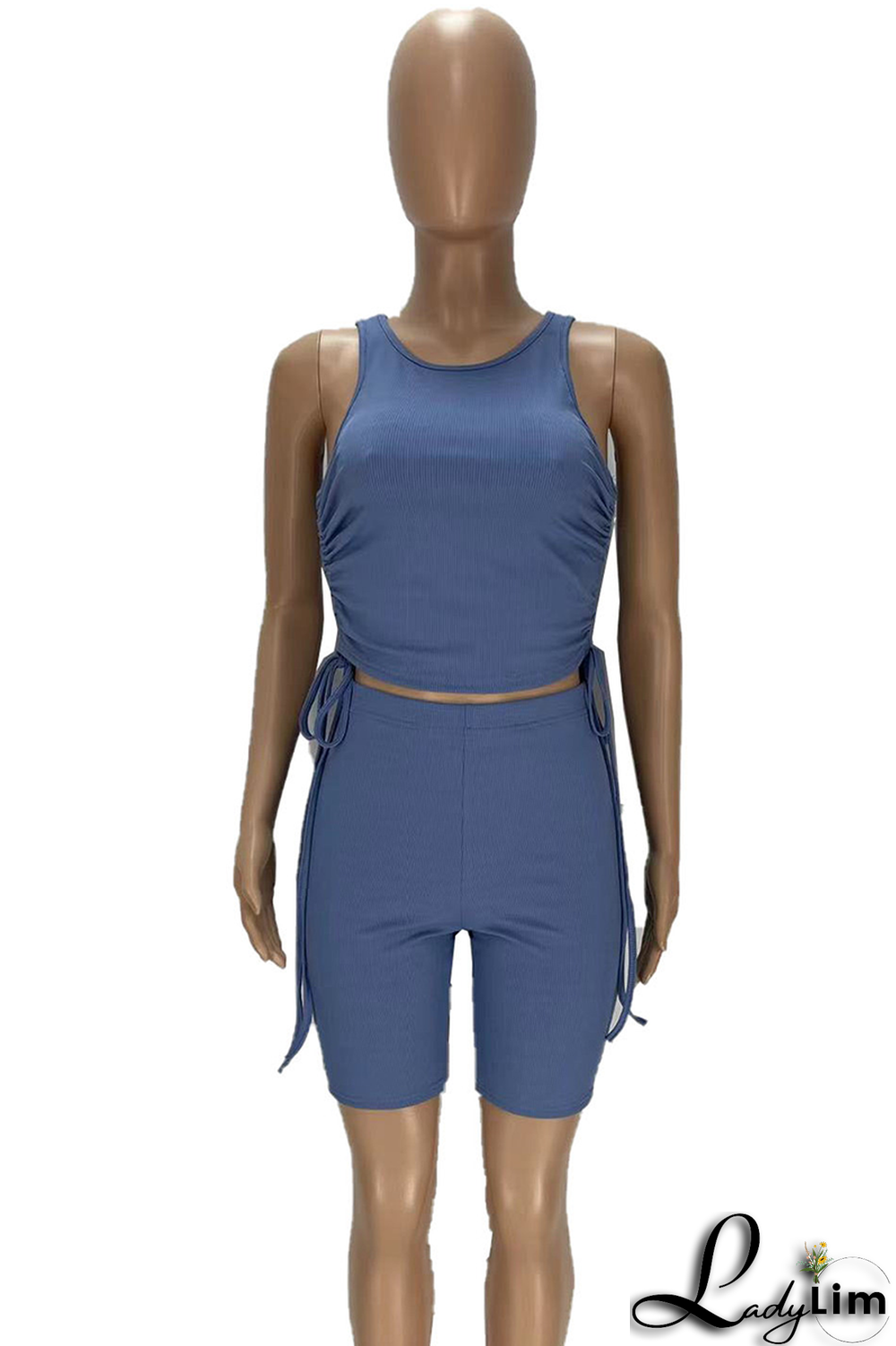Grey Sportswear Solid Draw String O Neck Sleeveless Two Pieces