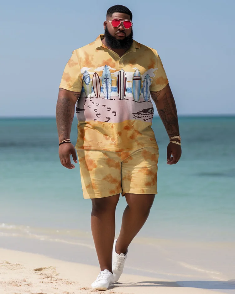 Men's Plus Size Hawaiian Color Block Boat Shirt and Shorts Two Piece Set