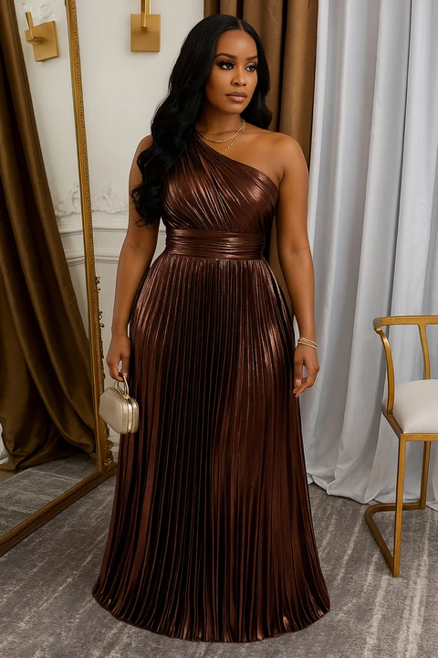 One Shoulder Sleeveless Pleated Metallic Party Maxi Dresses-Pink [Pre Order]