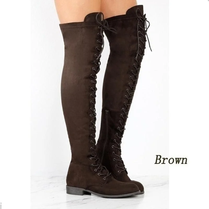 comemore New Sexy Women's Winter Boots Thigh High Boots Lace Up Rubber Female Shoes Rome Style Over The Knee Long Boot for Women
