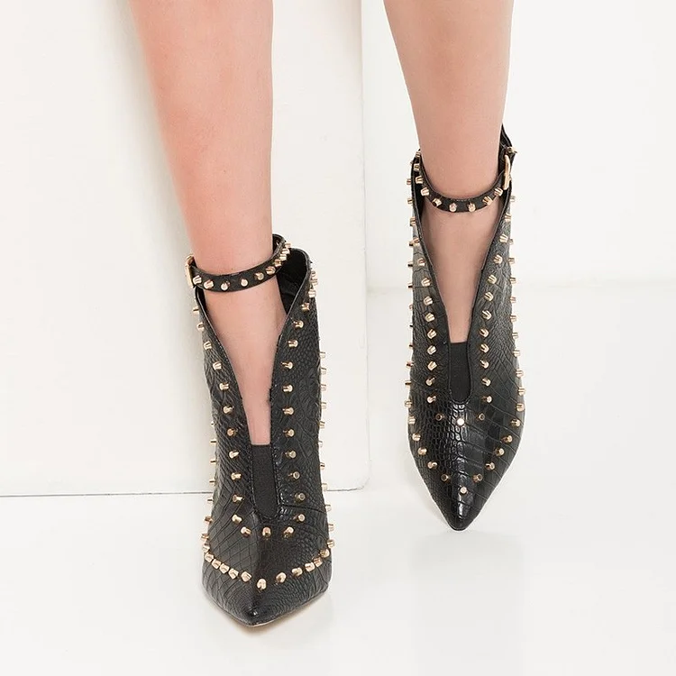 Black Studs Textured Vegan Leather Boots Ankle Boots with Buckle |FSJ Shoes