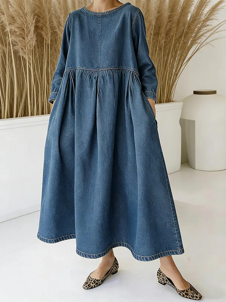 Women's Round Neck Long-sleeved Casual Loose Denim Dress
