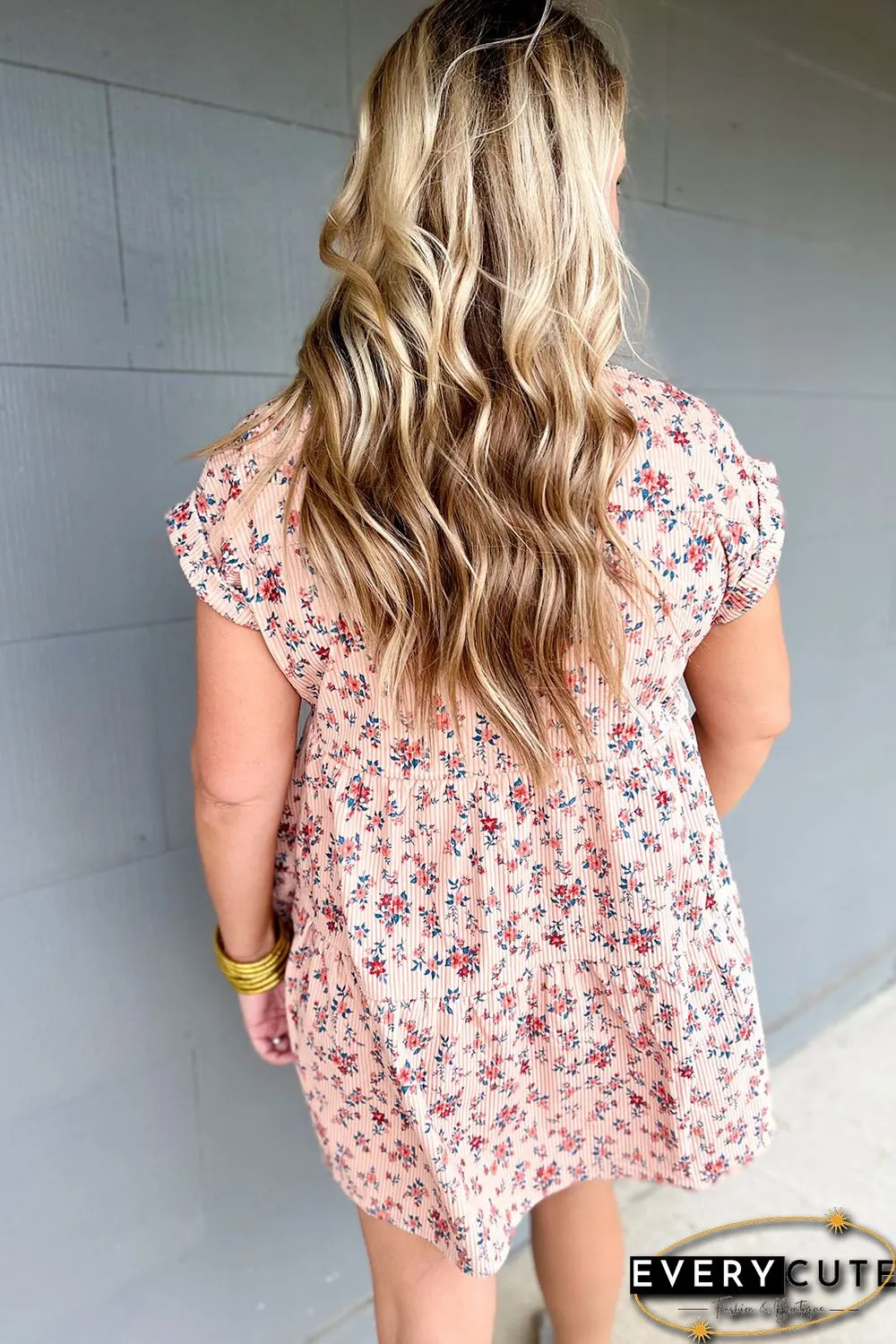 Pink Short Sleeve Flap Pockets Shirt Floral Dress