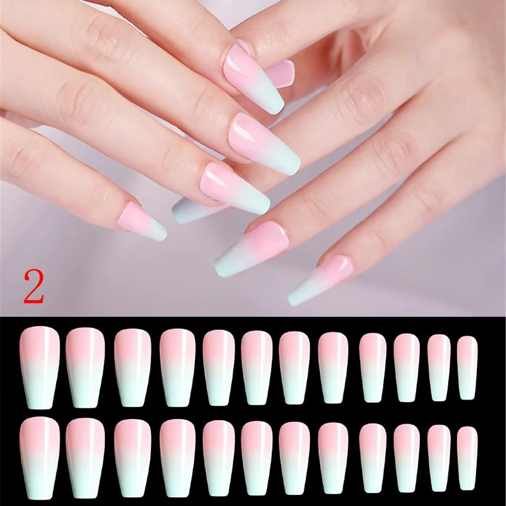 24pcs/Set Detachable Long Coffin Fake Nails European Rainbow Ballerina Full Nail Art Tips Colorful Beauty Artificial False Nails