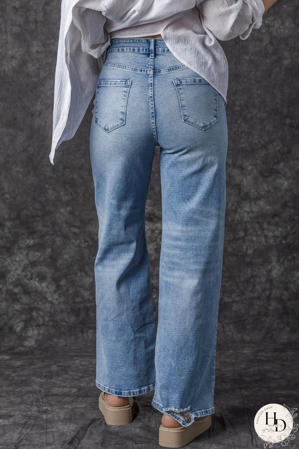 High Rise Distressed Straight Leg Jeans