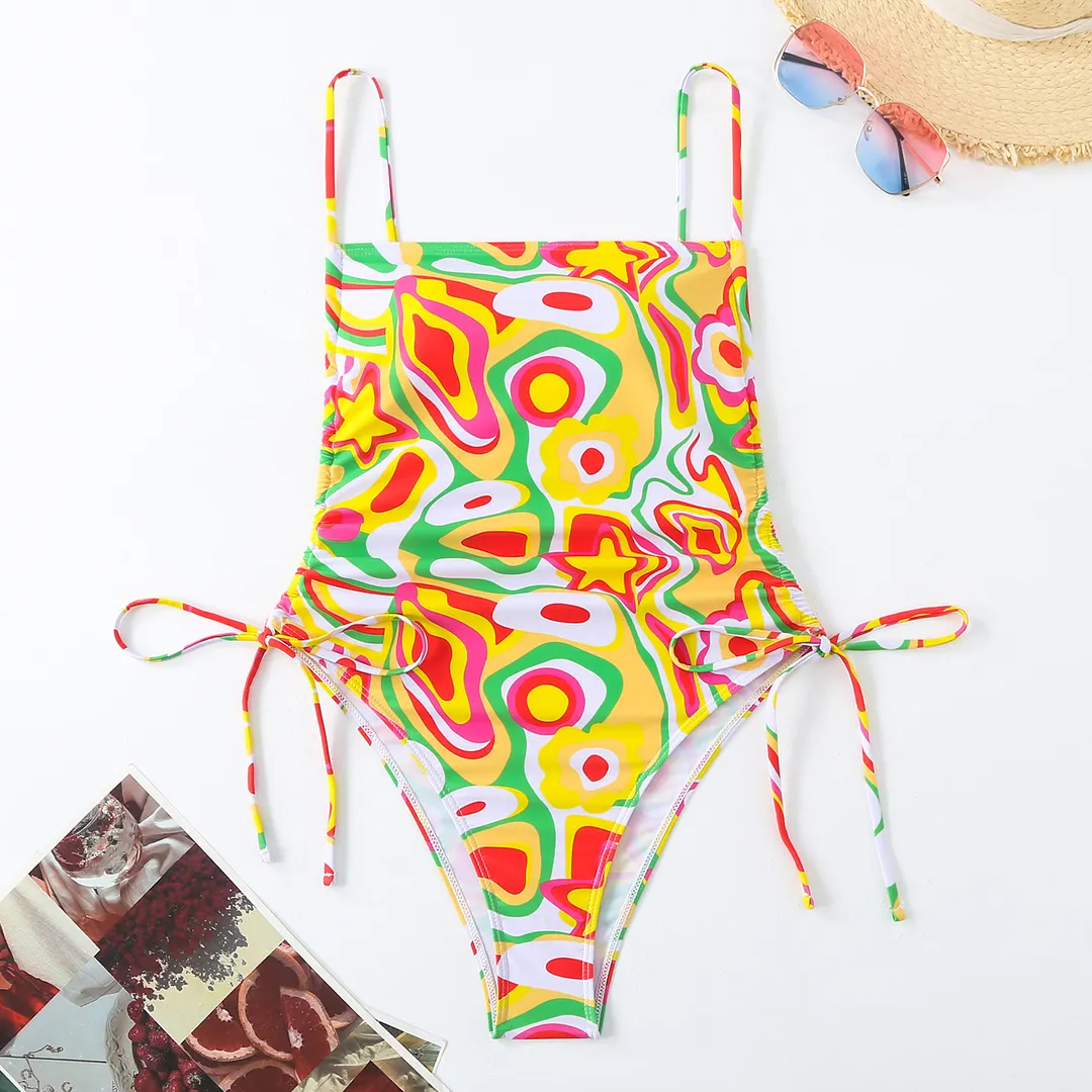 Churchf 2025 New Swimsuit Print Holiday Style Drawstring Skinny Sexy Bikini Swimsuit
