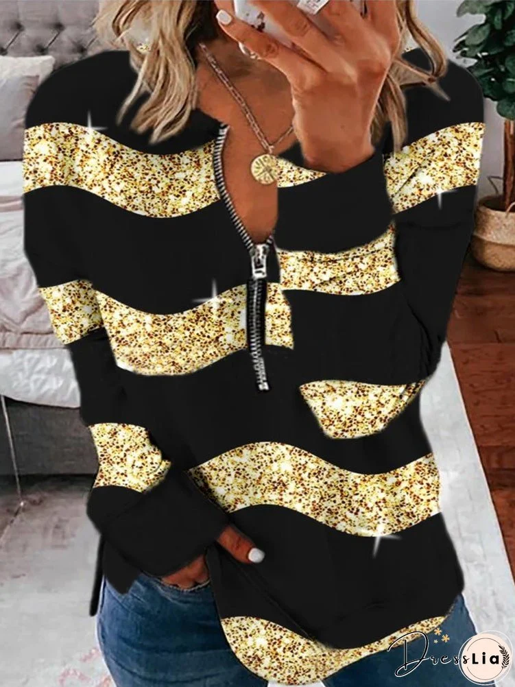 Women's T-Shirts Shiny Striped V-Neck Zippered Long Sleeve T-Shirt