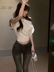 Ejiekang Y2k Aesthetic Irregular 2025 Summer Skew Collar T-shirts Off Shoulder Casual Slim Crop Tops Woemn Elegant Sexy Short Sleeve Tees