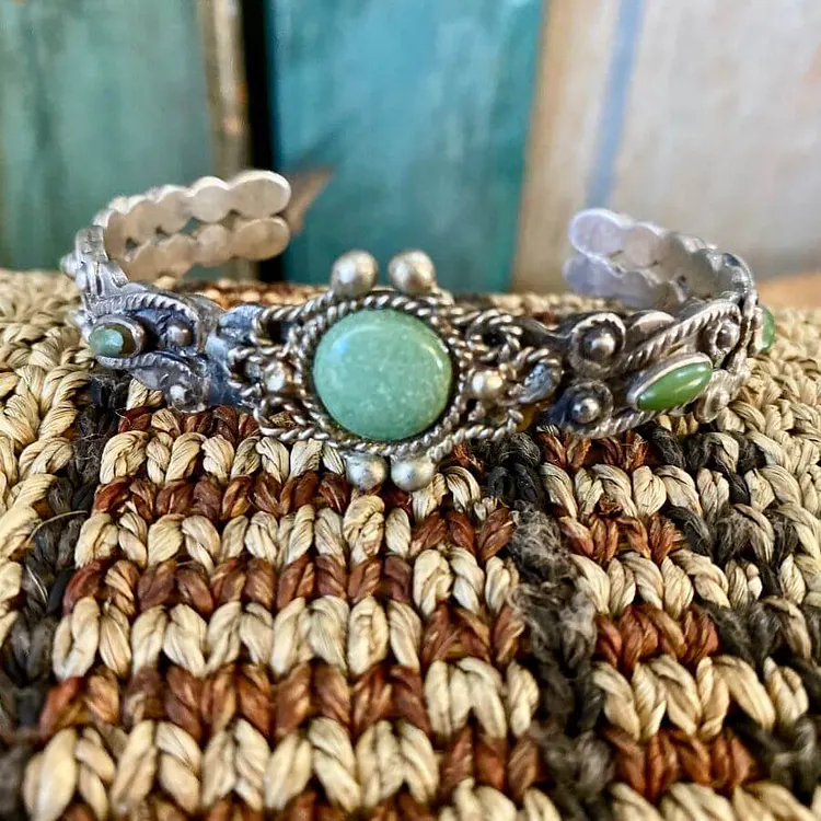 Old Turquoise Cuff Bracelet With Mint Green Turquoise C. 1920
