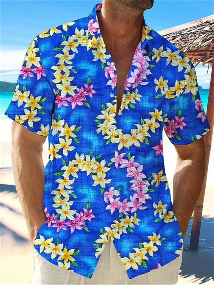 Summer Short Sleeve Men's Hawaiian Shirt Blue Printed Top