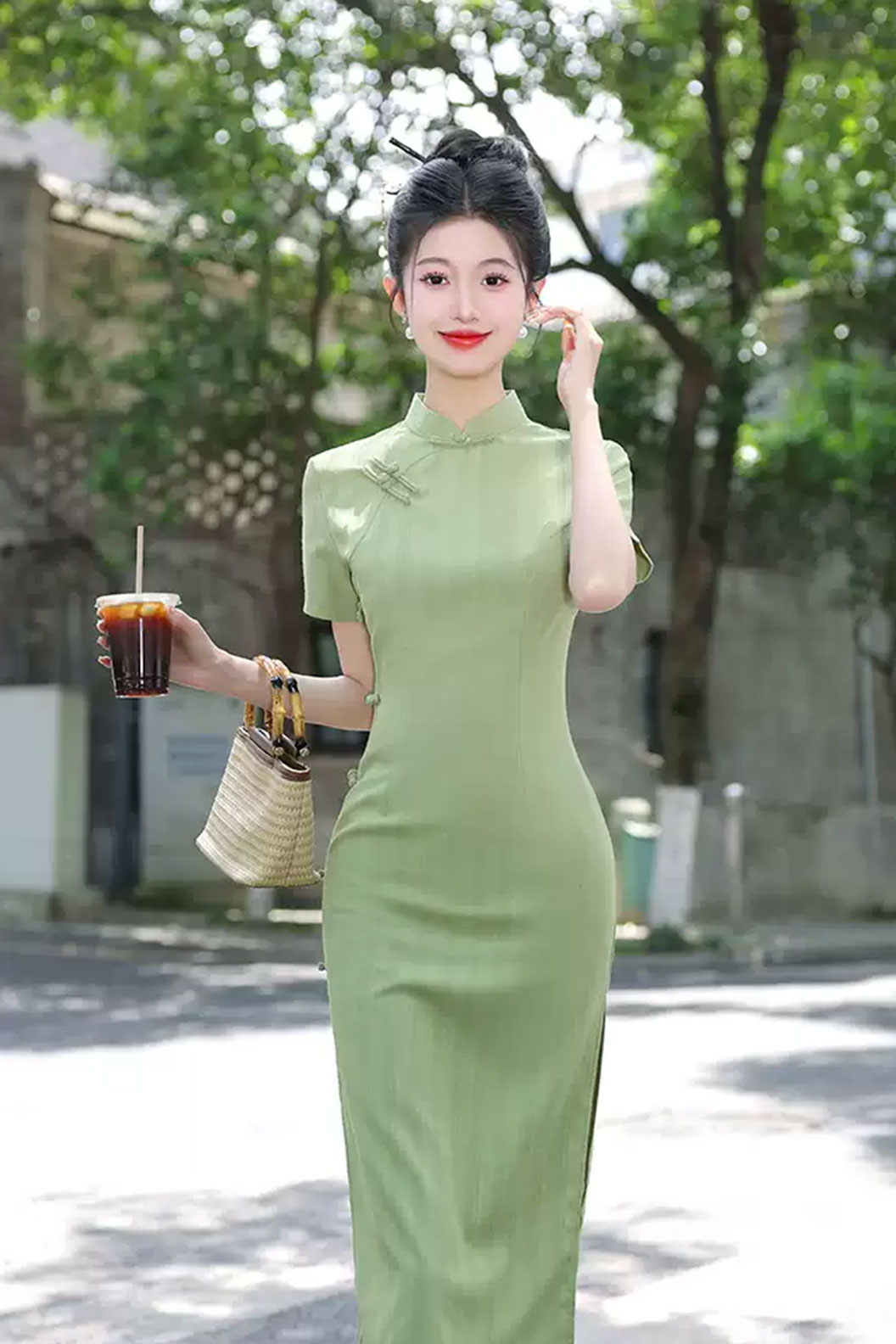 Cheongsam Qipao 1930s Cotton Linen Daily Green Qipao - juelei  蕨类 Stupa Stones