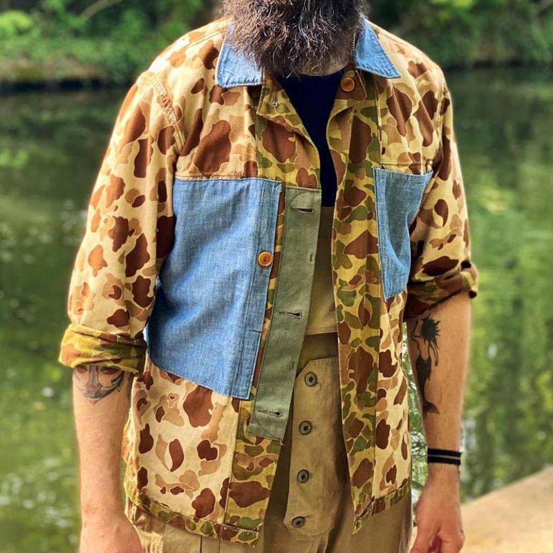 Men's Fashion Denim Panel Camouflage Shirt