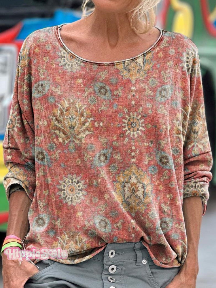 Women’s Retro Ethnic Pattern Print Casual Sweatshirt Long Sleeve Shirt / S