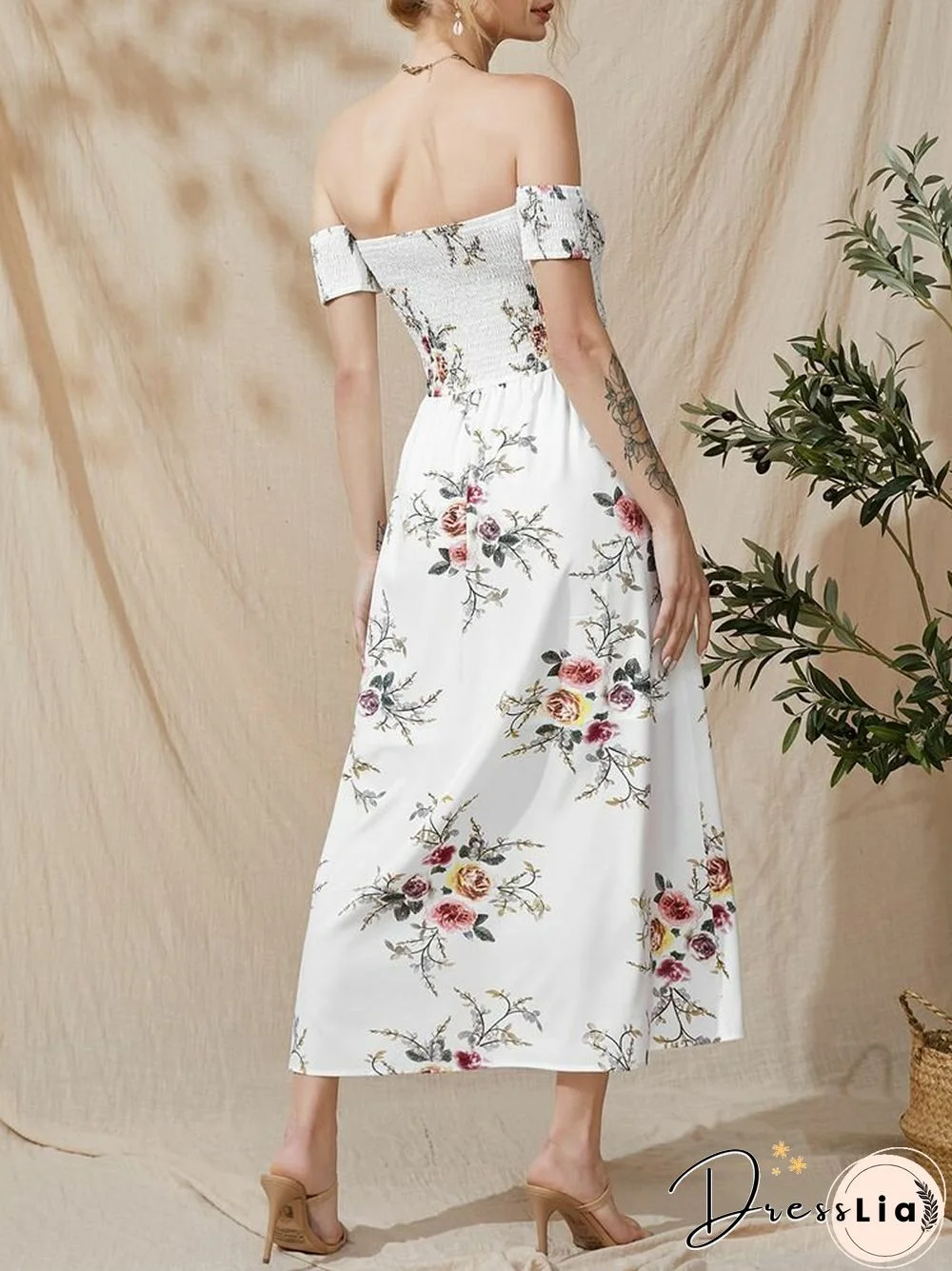 Flower Print Short Sleeve Asymmetrical Hem Maxi Dress