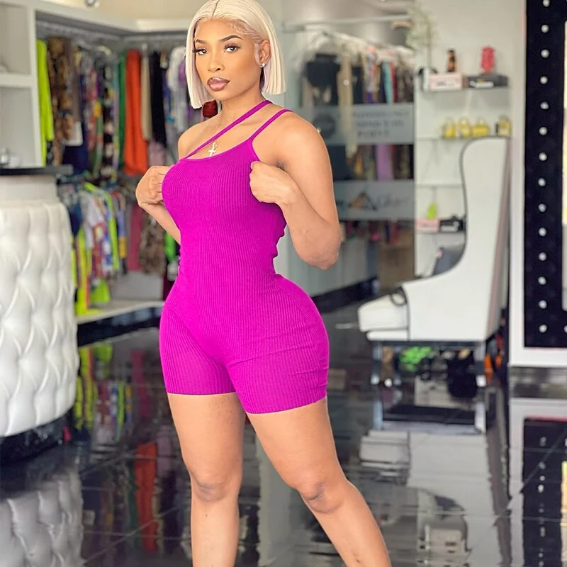 Hugcitar 2021 Sleeveless Halter Slip Solid Backless Ribbed Skinny Bodycon Playsuit Summer Women Streetwear Casual Romper