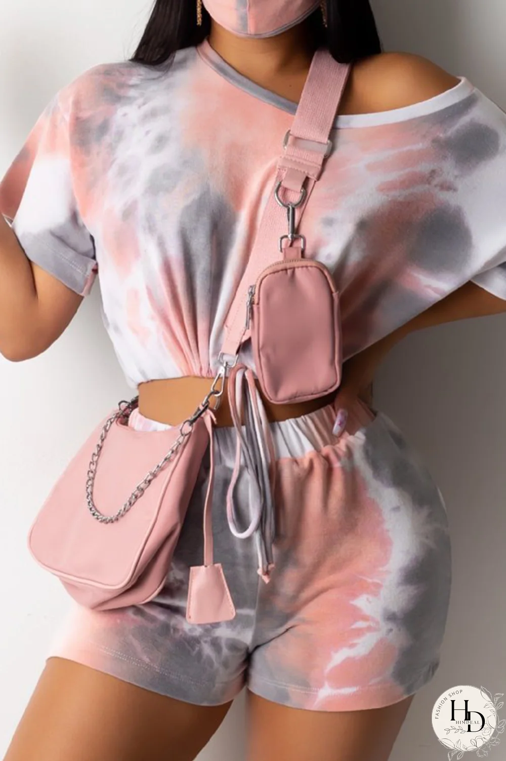 Blue Casual Patchwork Tie-dye One Shoulder Short Sleeve Two Pieces