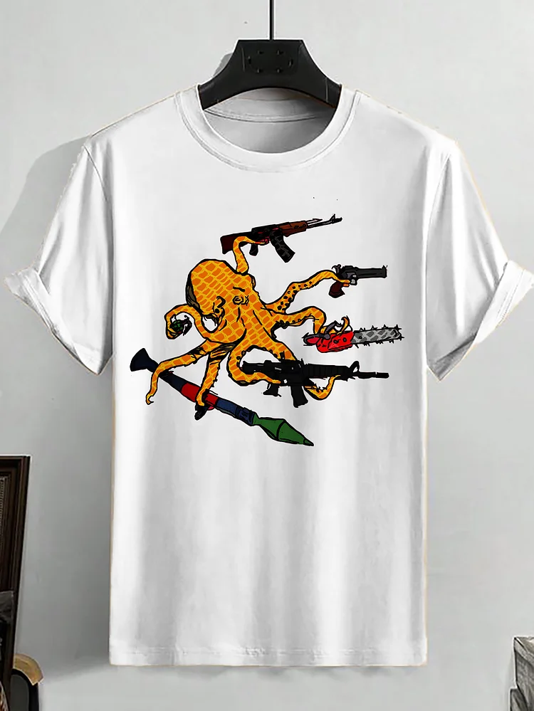 Men's Octopus And Gun Graphic Print Cotton Casual T-Shirt