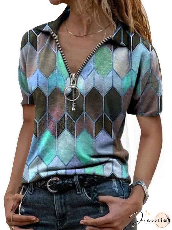 Printed Zip T-Shirt Lapel Short Sleeve T-Shirt