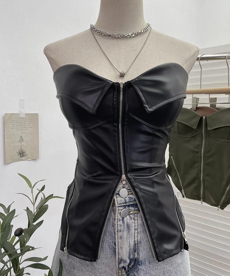 Uveng Real Shooting Hottie Retro Tender With Chest Pad Wrapped Bra Zipper Design Smear Bra Vest Short Sleeveless Top 8968