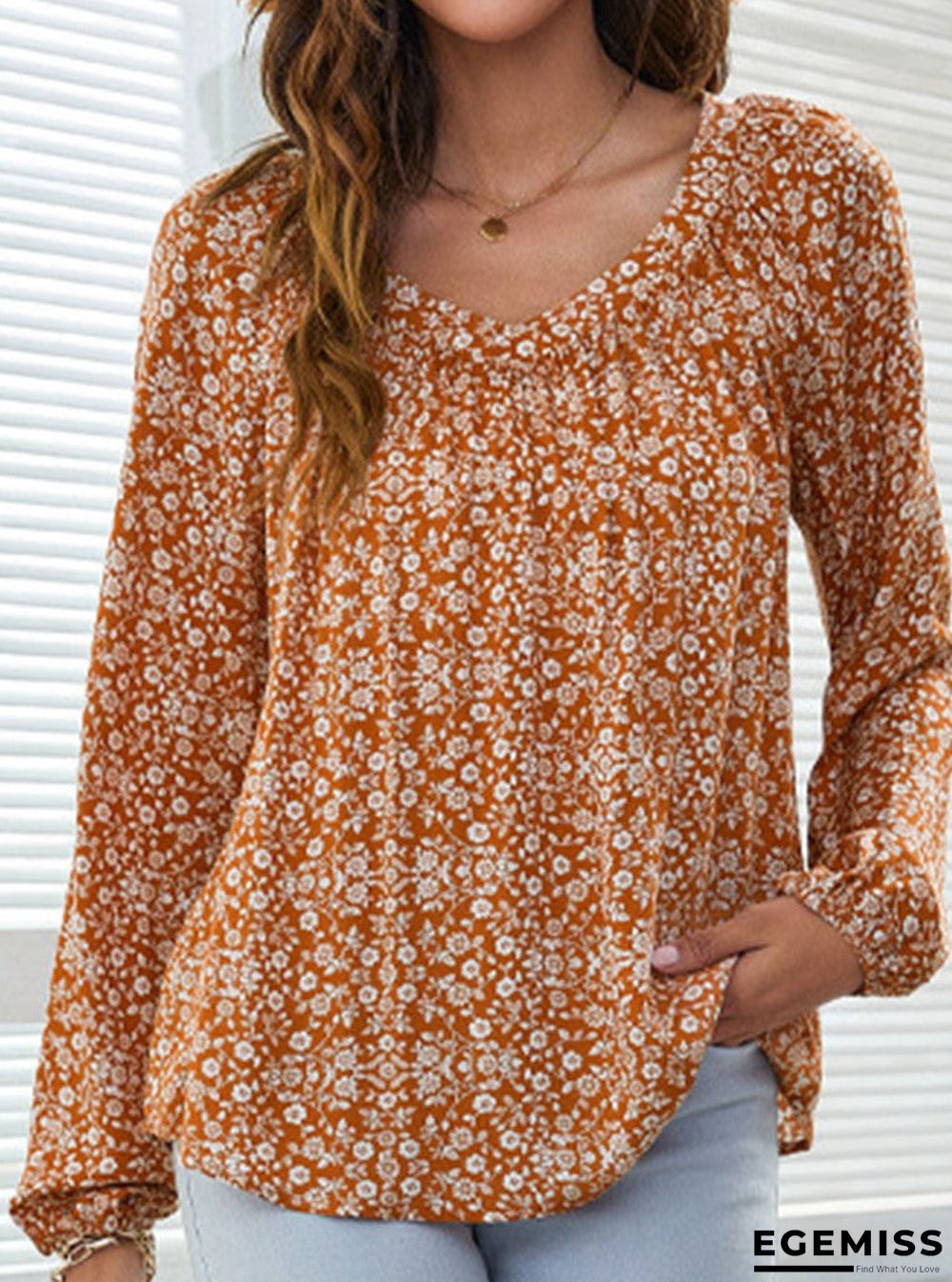 Floral Print V-neck Casual Long-sleeved Blouse | EGEMISS