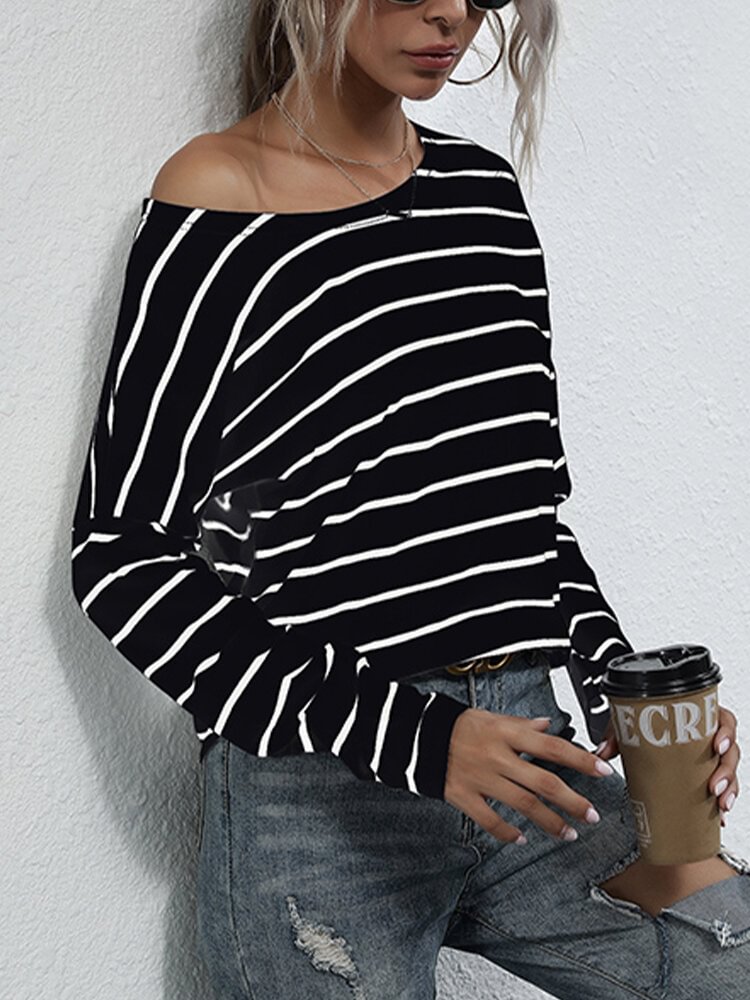 Striped Print O neck Long Sleeve Casual Base T shirt for Women P1799494
