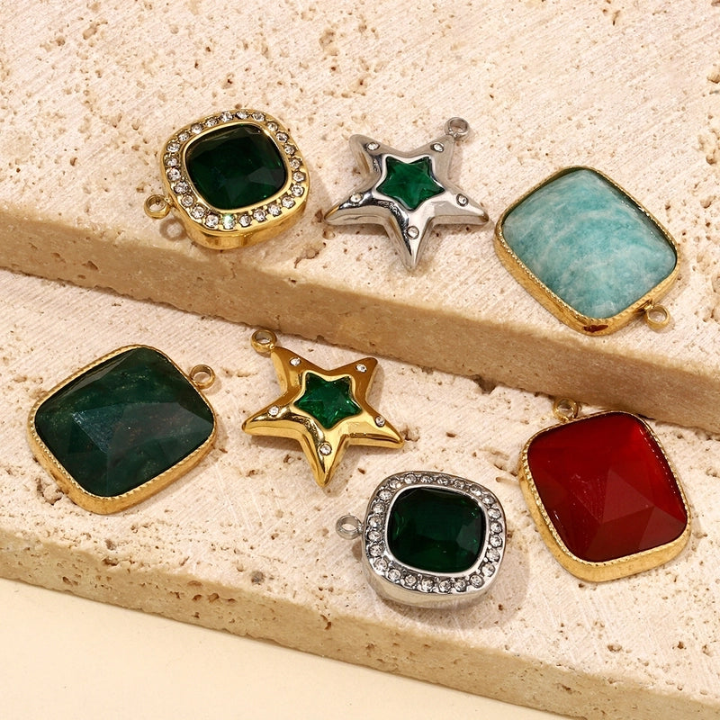 3 PCS/Package 13 * 15mm 14*18MM 15*17mm Titanium Steel Natural Stone Rhinestones Zircon Pentagram Square Pendant Jewelry Accessories