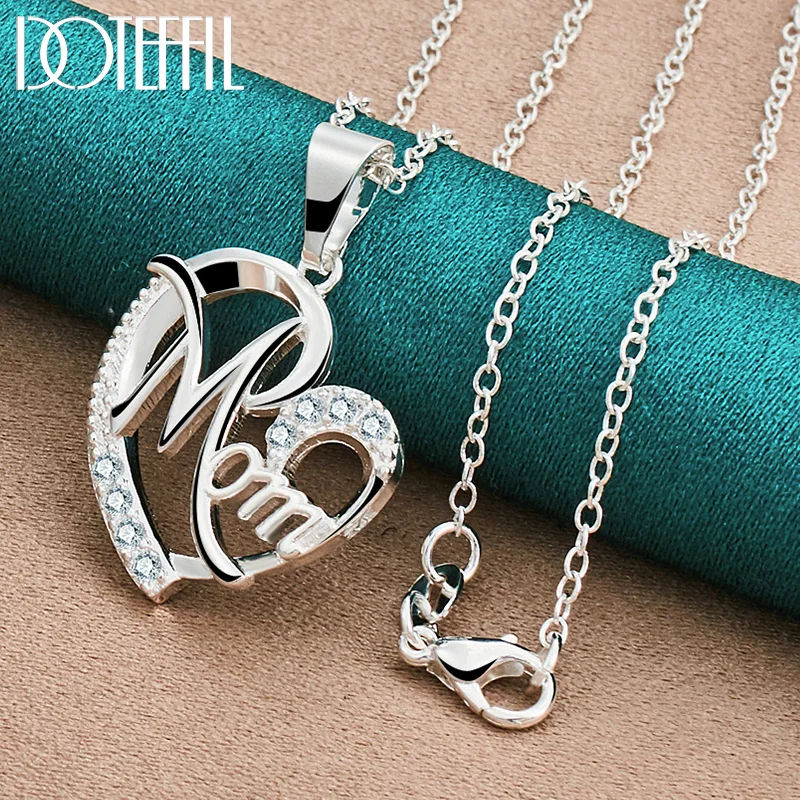 DOTEFFIL 925 Sterling Silver 18-30 Inch Chain AAA Zircon Mom Heart Pendant Necklace For Woman Jewelry