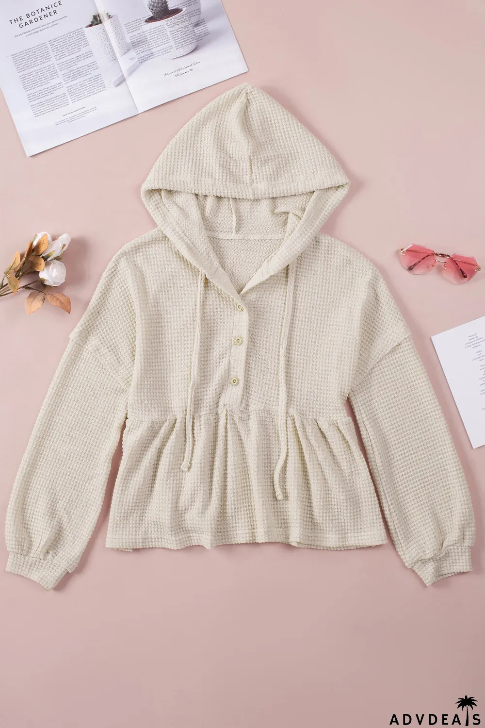Apricot Waffle Knit Buttons Ruffled Hooded Top