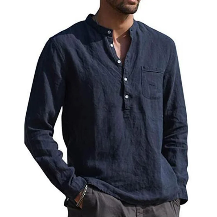 Men's Casual Cotton Linen Solid Color Henley Collar Long Sleeve Shirt