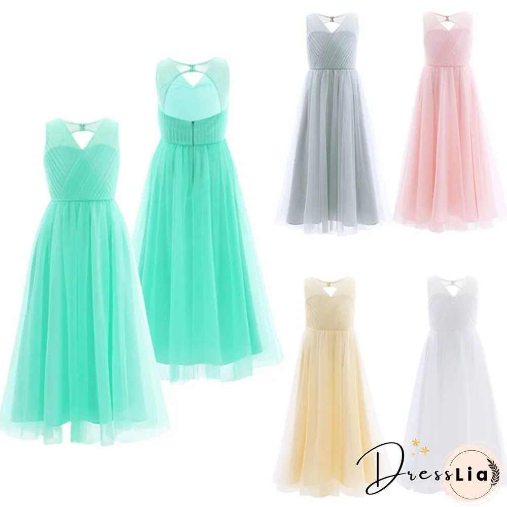 Girls Cutout Back Mesh Splice Sleeveless Flower Girl Junior Bridesmaid Dress Dance Party