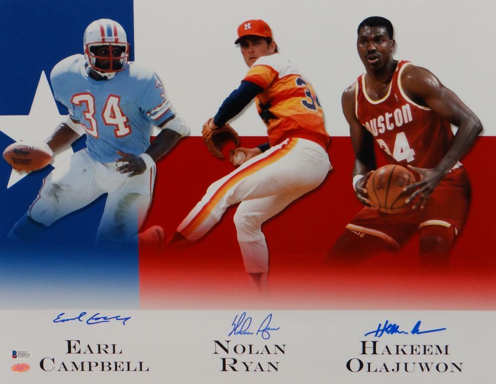 Earl Campbell Nolan Ryan Olajuwon Signed 16x20 Houston Legends Photo Poster painting- Beckett Au