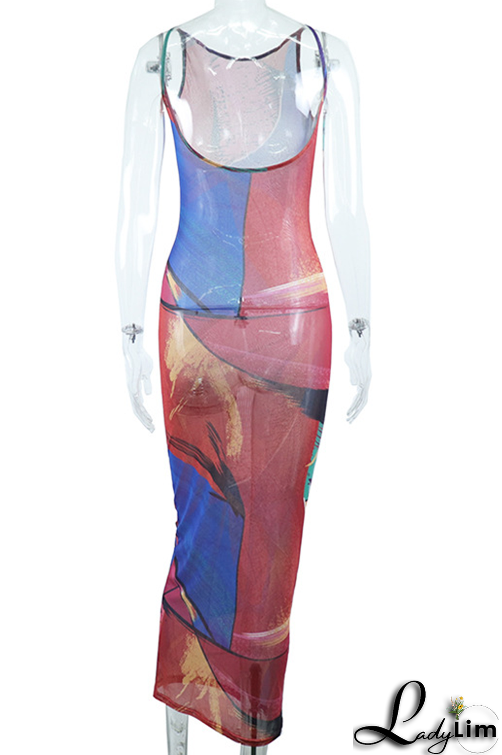 Rose Red Sexy Print Mesh O Neck Pencil Skirt Dresses