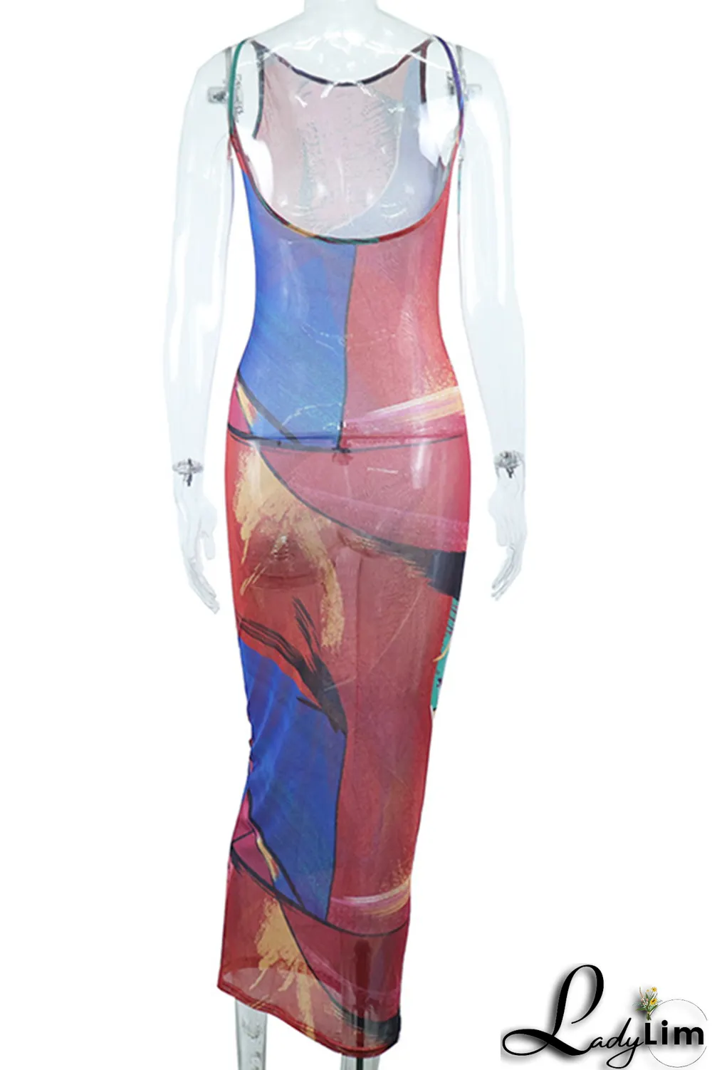 Rose Red Sexy Print Mesh O Neck Pencil Skirt Dresses