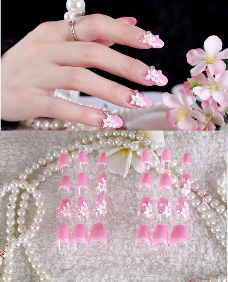 24Pcs/Set Fake Nails Press on Girls Finger Beauty False Nail Art Tips Bright Shining 3D Diamond Full Cover French Nail Art Tips-Nail Inspo