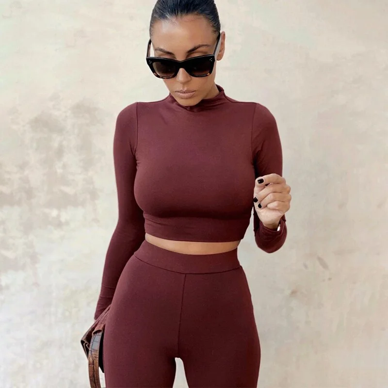 Hugcitar 2020 Long Sleeve Sexy Crop Tops Leggings 2 Pieces Set Summer Women Streetwear Outfits Pure Tracksuit Joggings Suit
