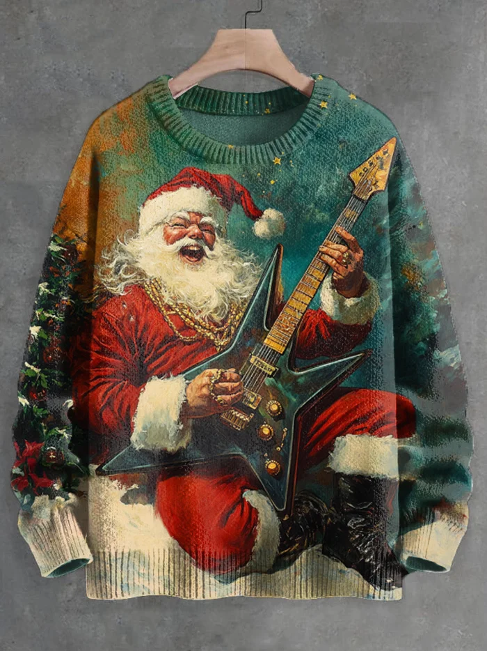 Men's Rock Santa Playing Guitar Christmas Tree Print Knit Sweatshirt