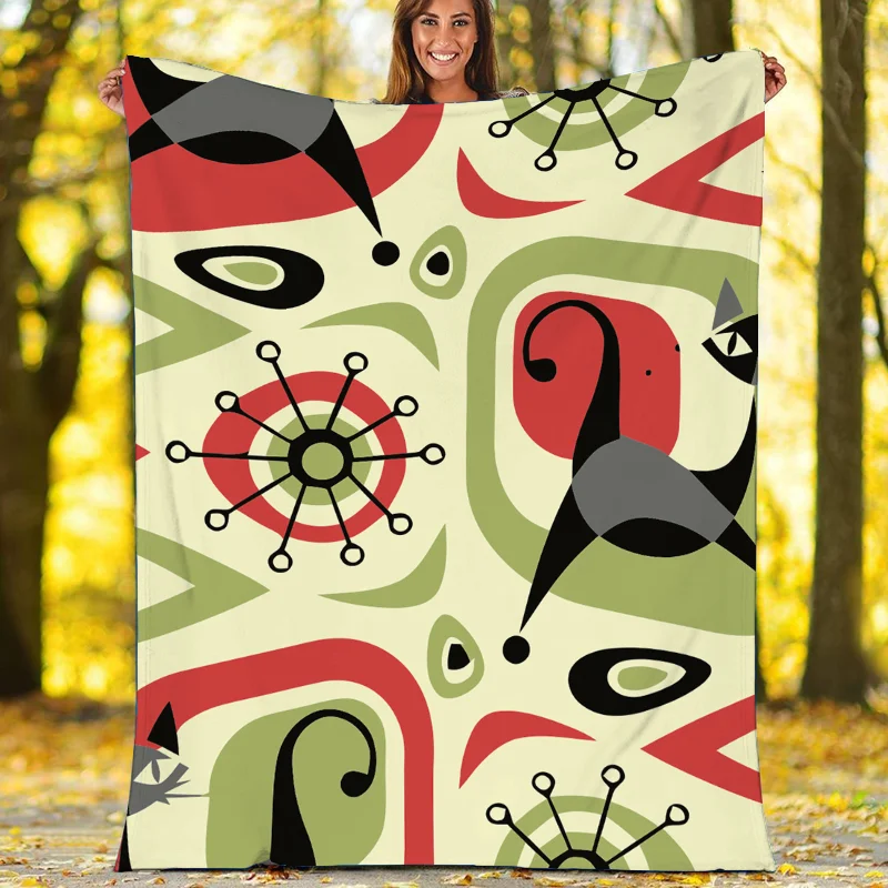 MCM Geometric Abstract Retro Red Gray Black Mustard Brown and Green Sherpa Fleece Blanket