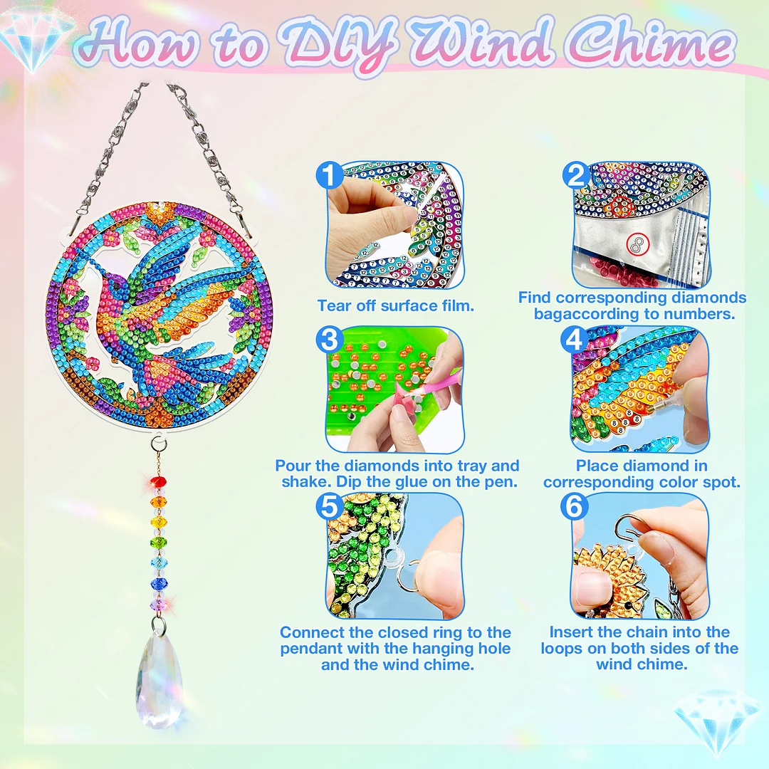 2Pcs Hummingbird DIY Acrylic Diamond Painting Art Wind Chimes with Crystal Pendant Diamond Art Hanging Pendant Double-Sided for Adults Beginners Gift Home Garden Decor