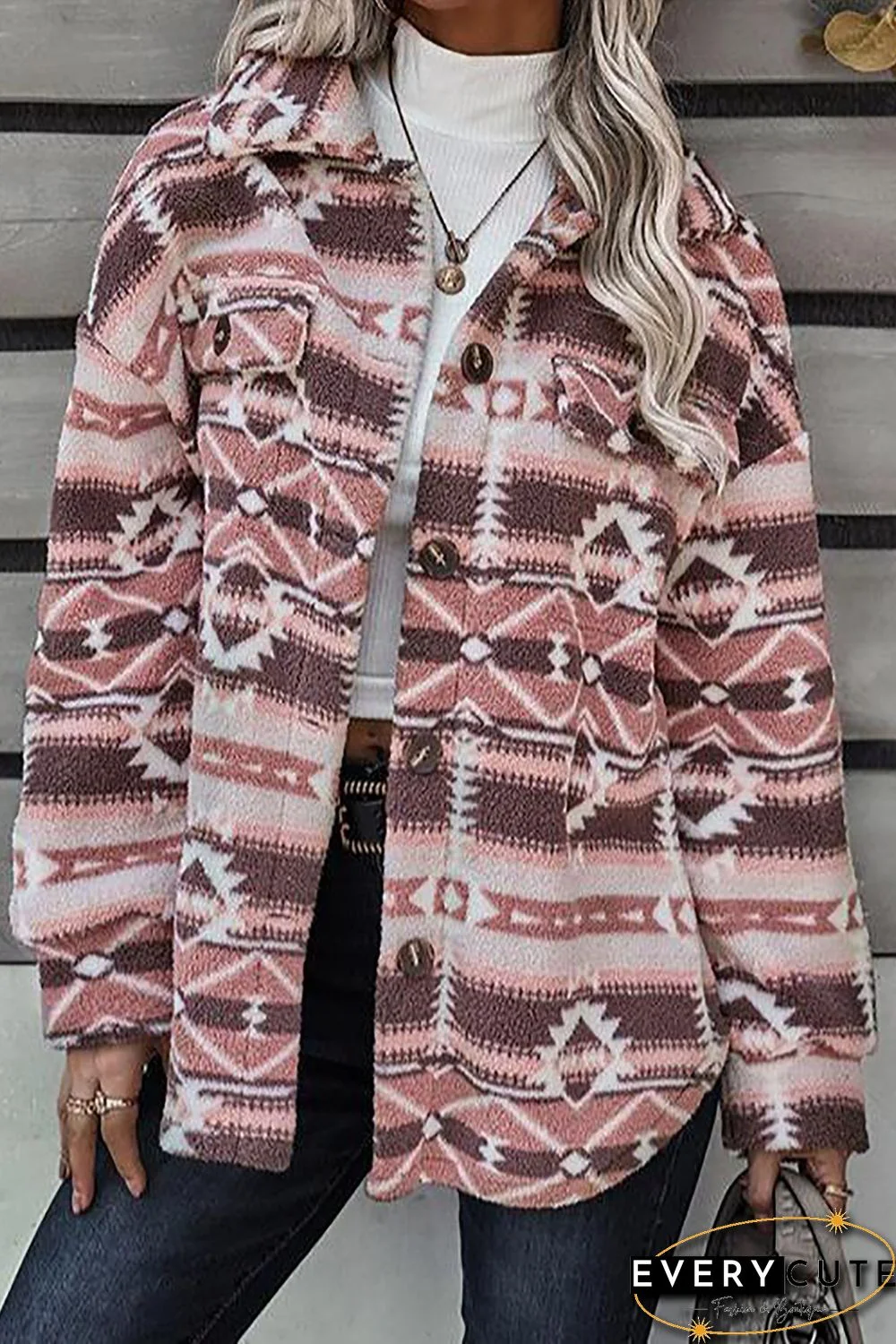 Pink Tribal Print Pocket Buttoned Sherpa Jacket